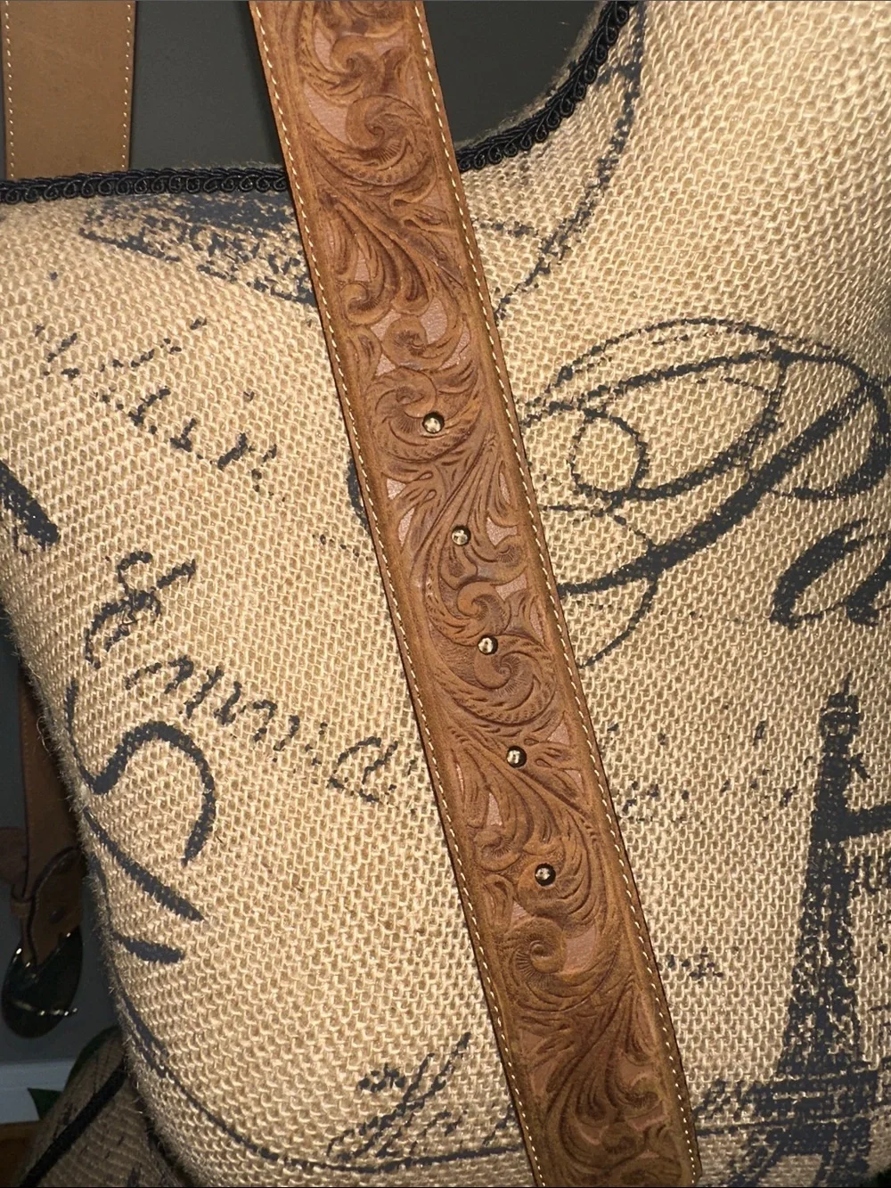 Justin Boots Brown Tooled Leather Belt with Shiny Silver-Tone Round Buckle